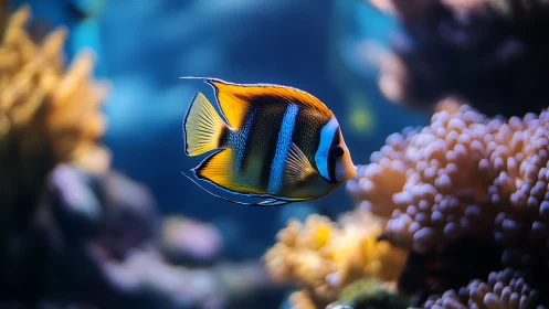 Tropical reef angelfish in shallow coral habitat, bokeh lighting