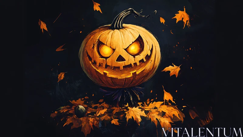 Grinning ember-eyed jack-o’-lantern whirling through autumn night.