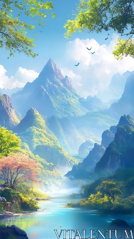 Verdant mountain valley beside luminous turquoise river.