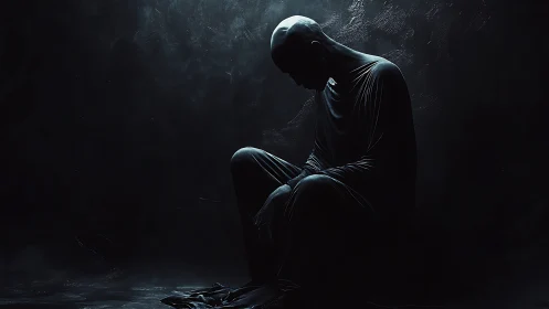 Solitary shrouded figure in shadowed light contemplates silence.