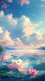 Serene lotus lake under volumetric clouds and high key lighting