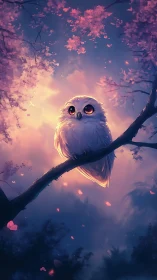 Dreamlit owl on cherry branch in luminous dusk palette.