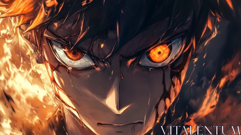 Incandescent anime warrior portrait with molten ember eyes and flames