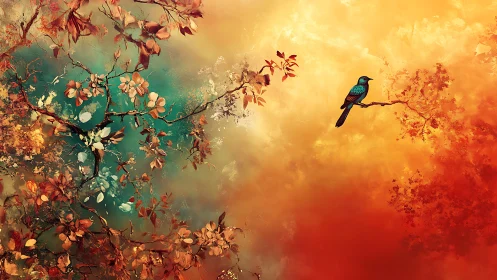Gentle songbird rests between teal dawn and amber dusk