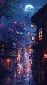 Moonlit lantern street glows across a rainy neon nightscape.