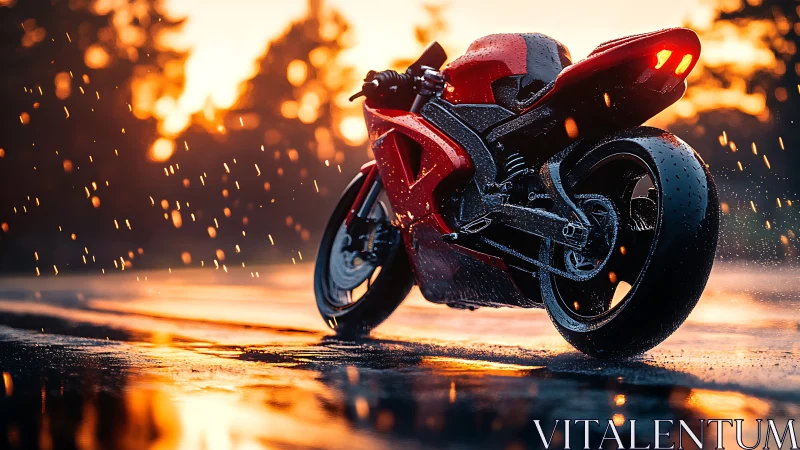 Sunset rain ride with a red sport bike in motion.