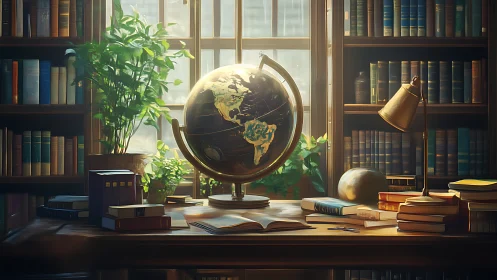 Sunlit scholar’s globe amid whispering library shelves.