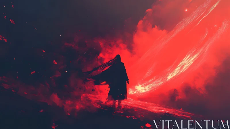 Mystic wanderer silhouetted against a blazing crimson storm.
