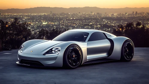 Sleek silver supercar welcomes dusk above a glowing city skyline