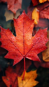 Red maple leaf glistens with raindrops over blurred autumn hues.