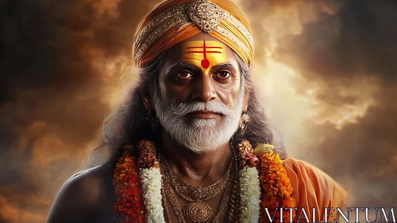 Regal Hindu sage portrait under storm-lit golden sky