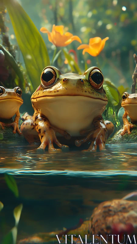 Amphibian triad at riparian edge in high-fidelity render.
