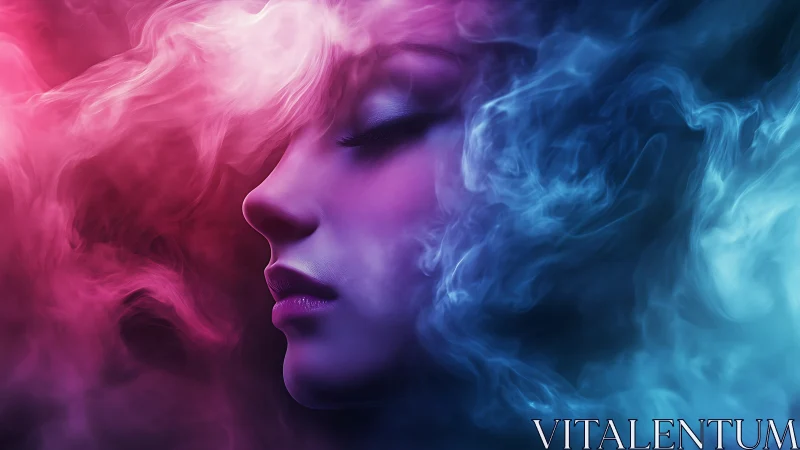 Bicolored ethereal portrait uniting vapor trails and soft gradients
