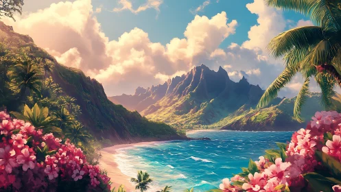 Tropical Paradise Valley with Pristine Beach and Blooming Flowers