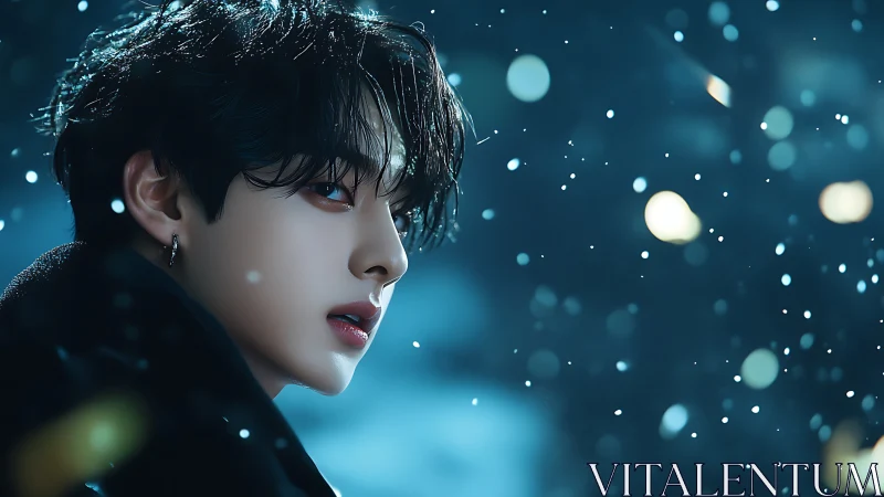 Side-lit portrait of youth in snowfall with cinematic depth of field