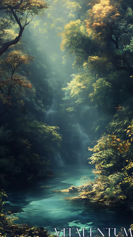 Forested canyon with waterfall and turquoise stream