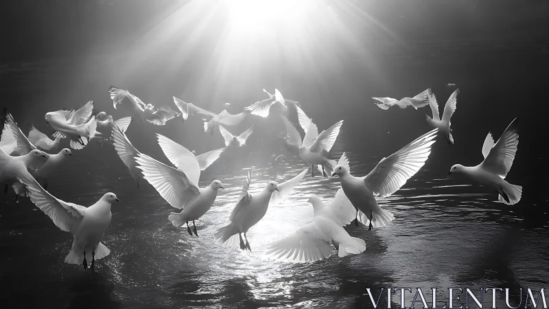 Flock of White Doves in Flight Over Water, Dramatic Black and White.