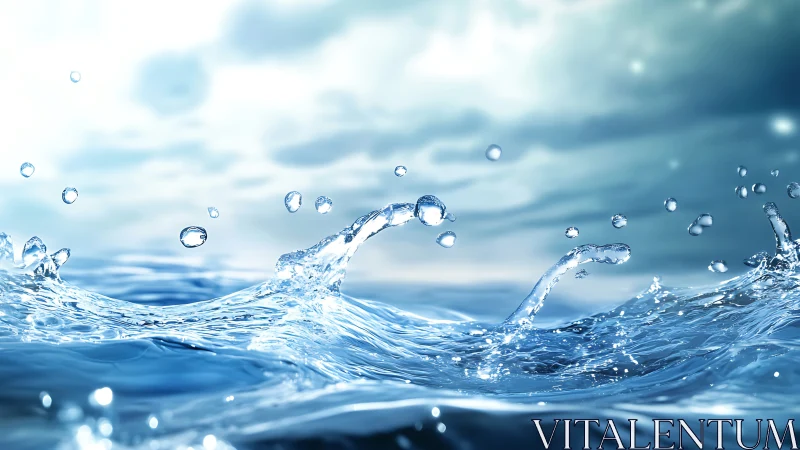 Crystalline water splash in motion under soft sky lighting.