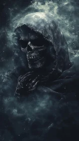 Hooded skeletal figure emerges from dense swirling smoke