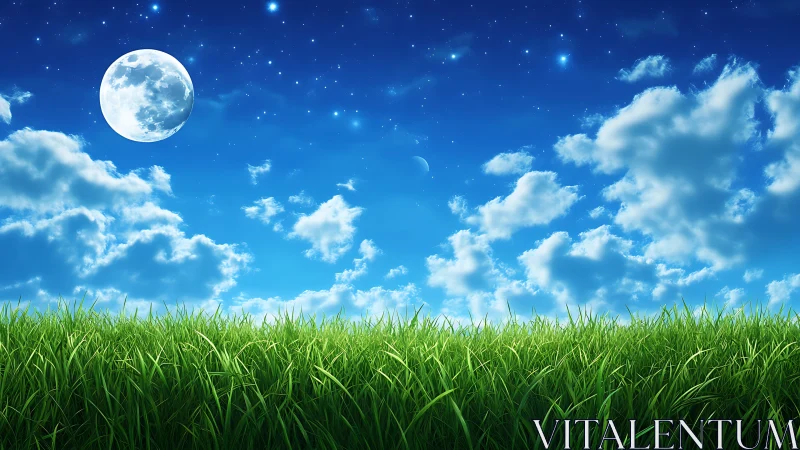 Lunar-illuminated grassland under high-saturation nocturnal sky.