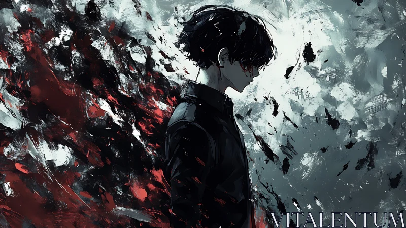 Side-profile anime figure amid contrasting abstract strokes