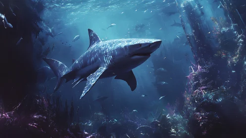 Gentle giant glides through a glittering undersea city.