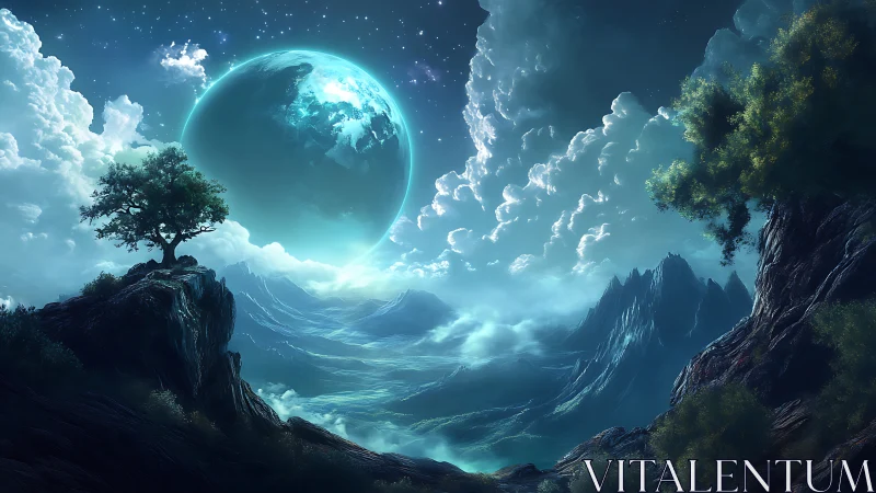 Luminous exoplanet horizon over misted alpine valley at night