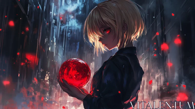 Blond anime figure holds glowing red orb in dark alley
