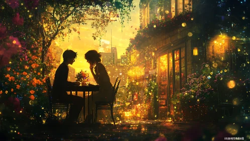 Golden evening café romance beneath glowing city lights.