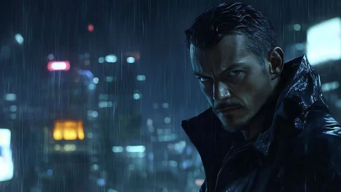 Brooding night wanderer in a neon soaked city storm.
