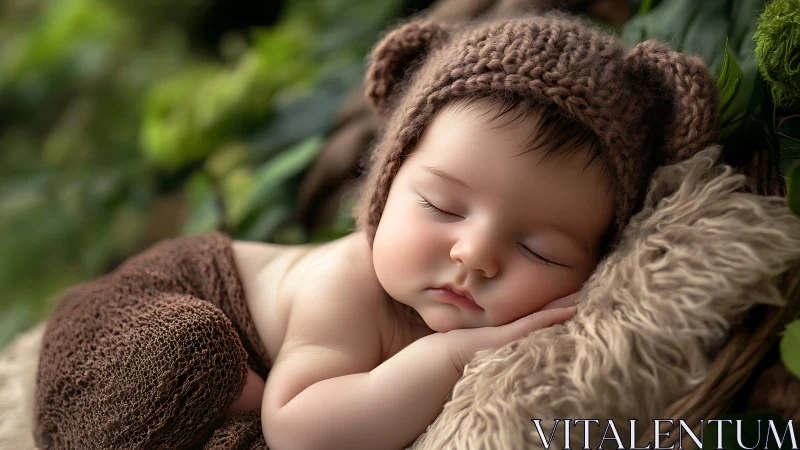 Sleeping Infant in Knitted Bear Hat with Natural Outdoor Setting.