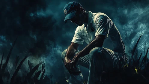 Cricket player in white uniform sits in a low crouched pose