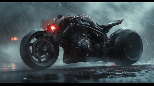 Futuristic rain‑soaked motorcycle glowing in the stormy night.