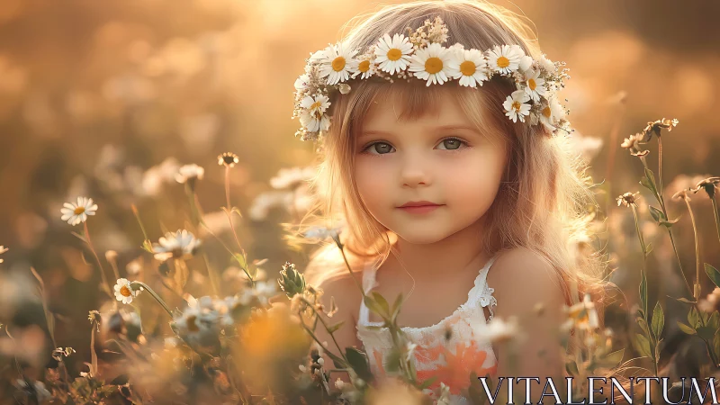 Golden Hour Portrait: Child in Daisy Field with Floral Crown.