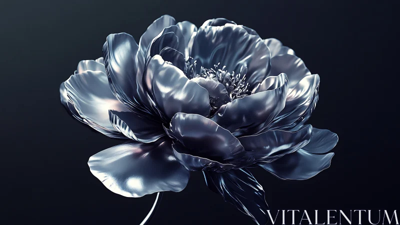 Metallic peony bloom rendered in reflective chrome detail