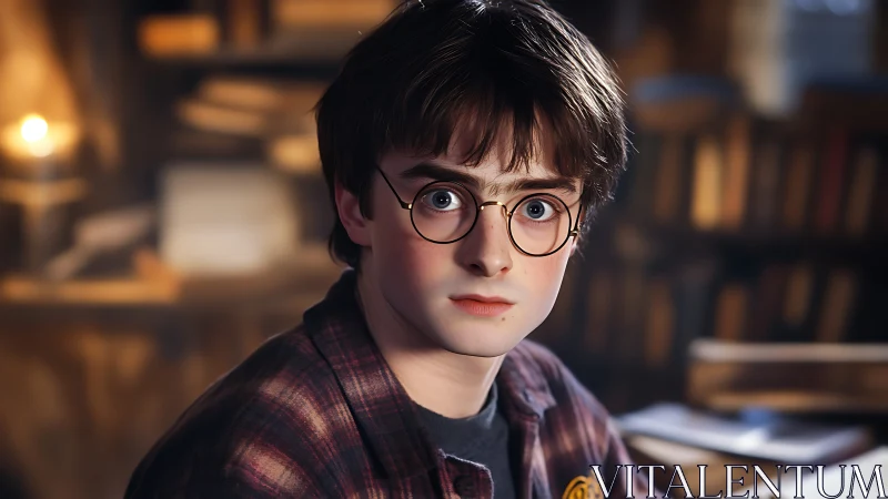 Young person with round glasses in book-filled interior.