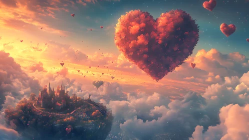 Surreal Fairytale Castle with Massive Crimson Heart Cloud Formation