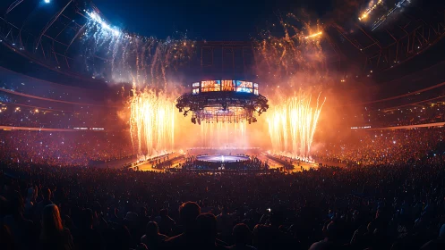 Packed stadium concert with fireworks and circular stage.