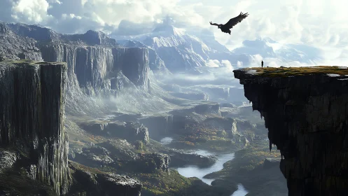 Clifftop observer and raptor over stratified canyon basin.