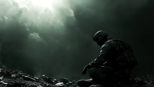Solitary tactical soldier kneeling on rocky slope under storm light