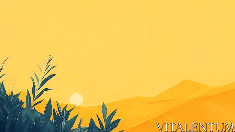 Golden minimalist sunrise over hills and silhouetted plants.