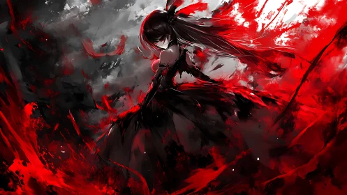 Bloodlit anime swordswoman in swirling crimson stormscape.