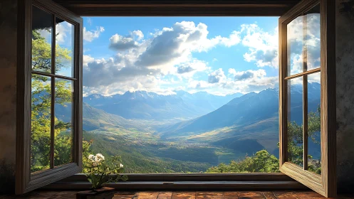 Open wooden window frames sunlit valley and distant mountains