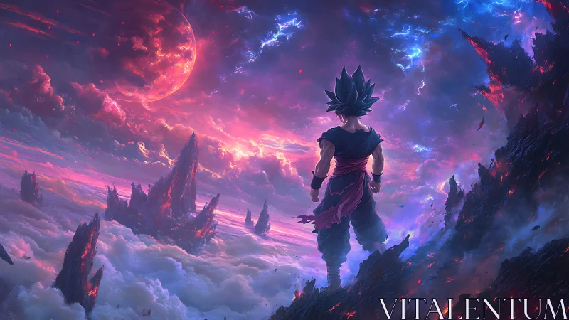 Anime warrior over burning clouds on alien horizon.