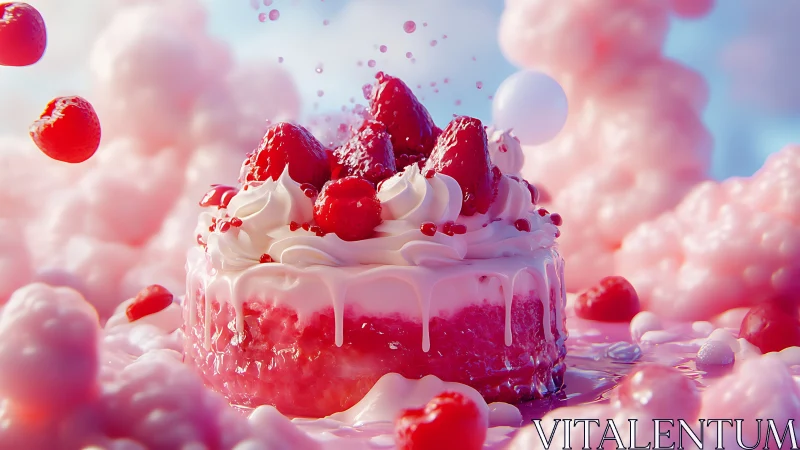 Red berries with cream frosting and floating fruit in surreal environment