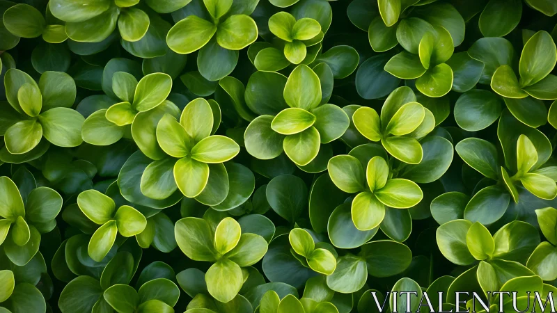 Glossy green foliage pattern with radial leaf clusters.