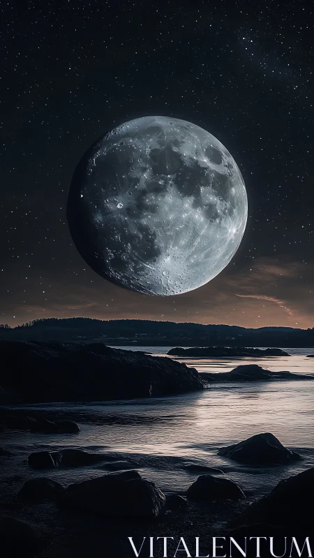 Oversized moon above coastal shoreline under night sky.