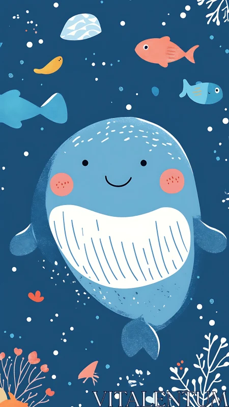 Smiling cartoon whale with colorful fish in deep sea scene.