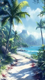 Tropical Coastal Paradise: Elevated Mesa Cove with Palm Fronds and Luminous Cerulean Waters