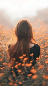 Woman with long hair stands in soft-focus orange wildflower field
